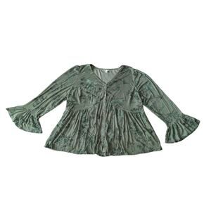 Cato Babydoll Peplum Top Womens 22/24W Green Velvet Burnout Flare Sleeve Mature